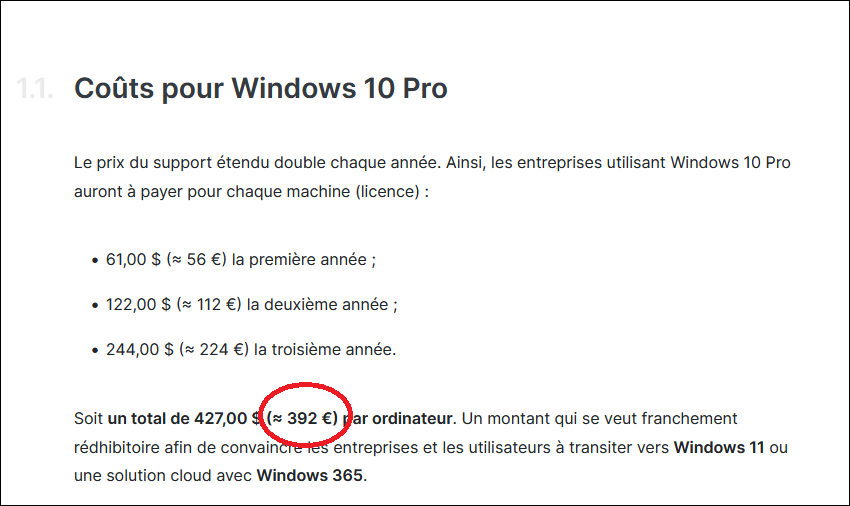 Coûts pour Windows 10 Pro