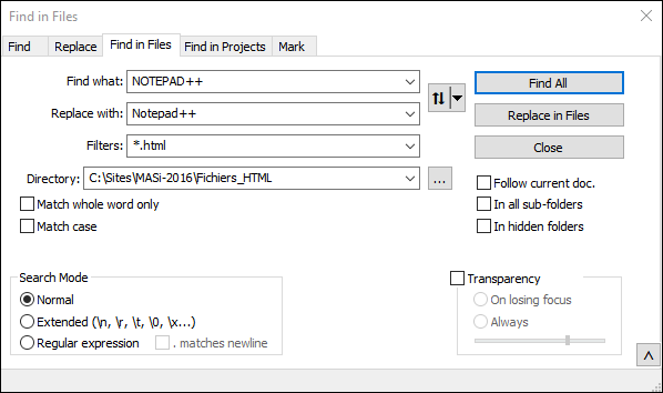 Remlacer dans les fichiers d'un dossier avec Notepad++